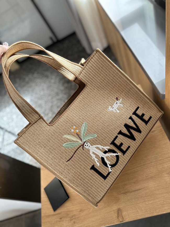 Loewe Anagram Basket Embroidered Logo Straw Woven Shopping Bag 